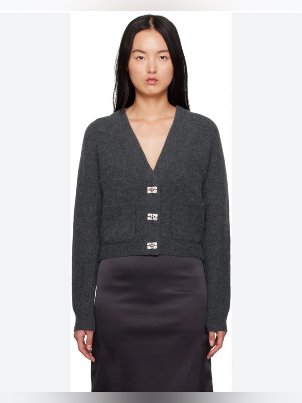 EUC Ganni alpaca and wool v neck cardigan sweater in ‘volcanic ash,’ size L
